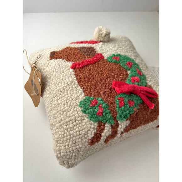 Brown Christmas Dog Wood Square Decorative Pillow Wreath Red Bow 8" Mud Pie - Picture 2 of 5